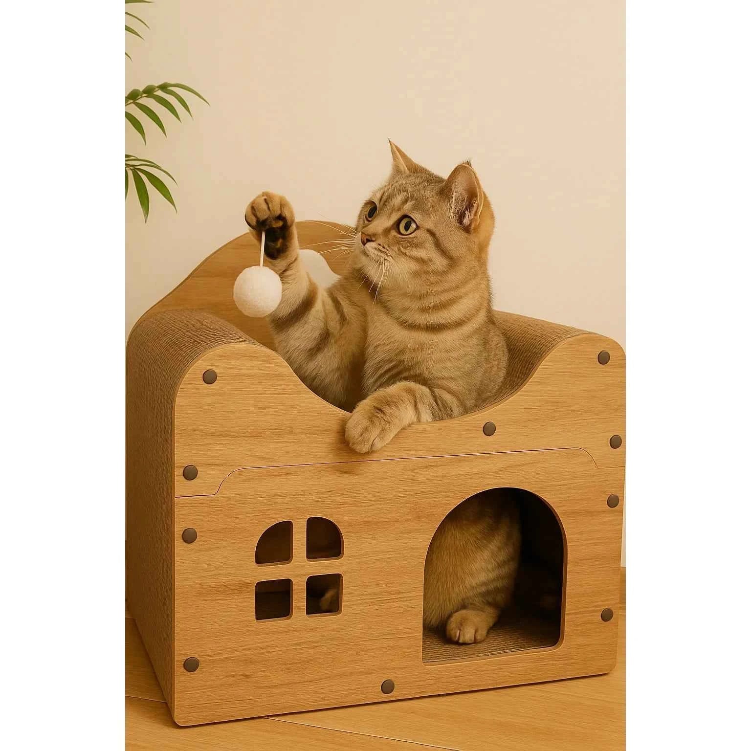 Spacious Cat House for Indoor & Outdoor Use - Multi-Feature Condo with Dual Scratching Boards, Plush Balls, and Ventilation Door - Needora
