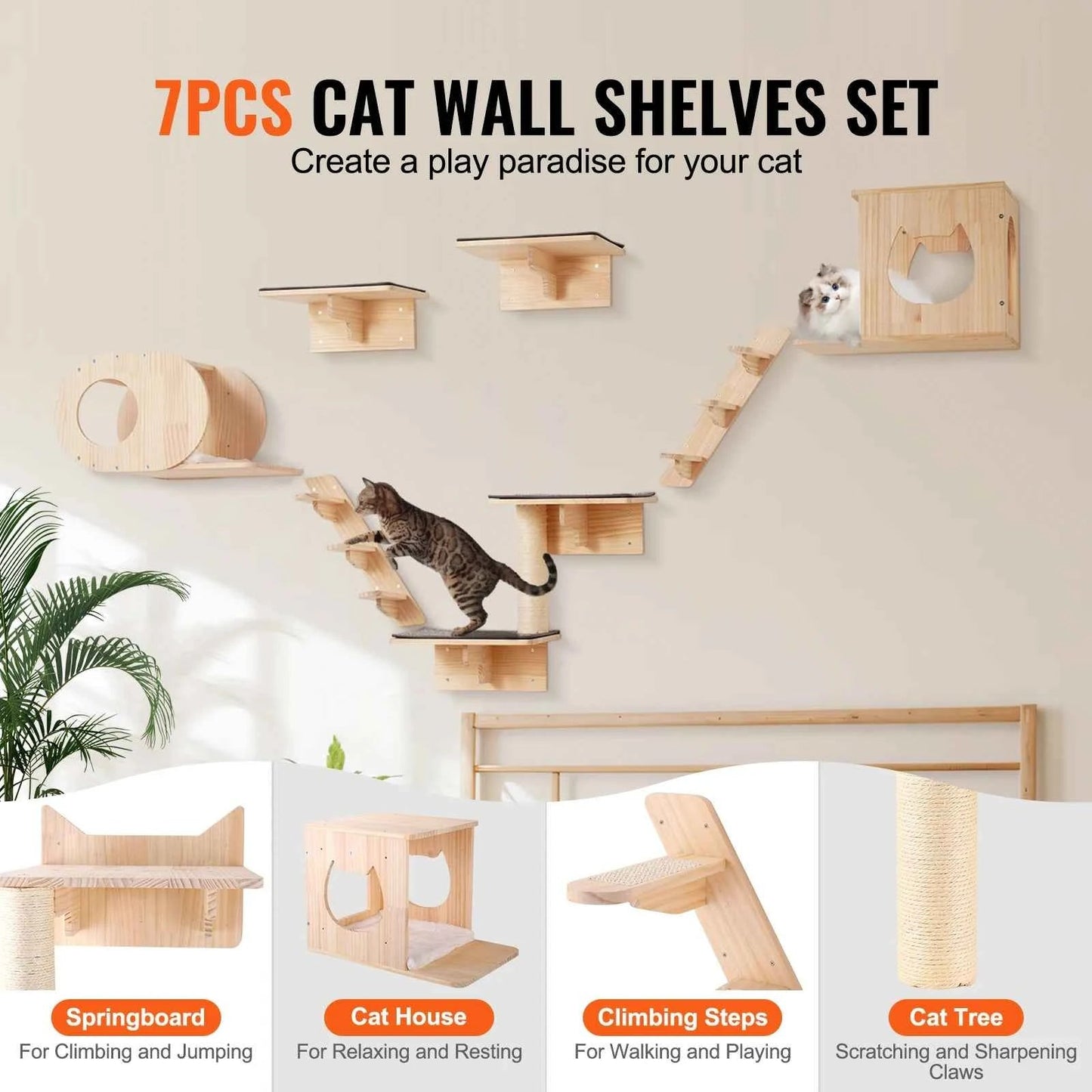 SucceBuy Wall Mounted Cat Shelves Cat Wall Shelves and Perches with Jumping Boards Hammocks & Cat Tree Cat Furniture and Shelves - Needora