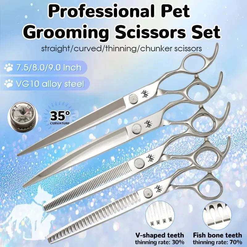Yijiang Professional 7.5/8/9.0 Inch Pet Grooming Scissors Set of 4 Straight Curved Thinner Chunker Blender Scissors Set - Needora